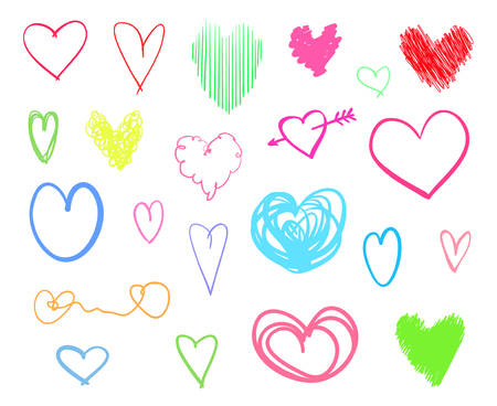Colorful hearts on isolated white background. Hand drawn set of love signs. Unique abstract image for design. Line art creation. Colored illustration. Elements for poster or flyerのイラスト素材