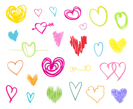 Hand drawn colorful hearts on isolated white background. Set of love signs. Unique abstract image for design. Line art creation. Colored illustration. Elements for poster or flyerのイラスト素材