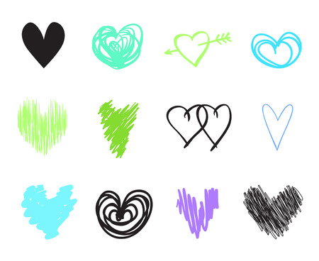 Hand drawn colorful hearts on isolated white background. Set of love signs. Unique abstract image for design. Line art creation. Colored illustration. Elements for poster or flyerのイラスト素材