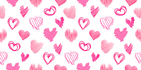 Hand drawn background with colored hearts. Seamless grungy wallpaper on surface. Chaotic texture with love signs. Lovely pattern. Line art. Print for banner, flyer or poster. Colorful illustrationのイラスト素材