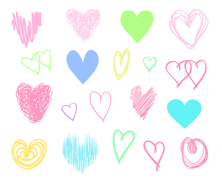 Hand drawn colorful hearts on isolated white background. Set of love signs. Unique abstract image for design. Line art creation. Multicolored illustration. Elements for poster or flyerのイラスト素材