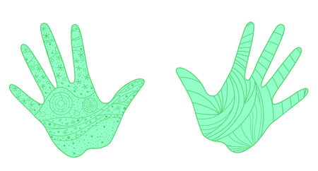 Hands on isolated white. Abstract patterns on isolation background. Design for spiritual relaxation for adults. Zen art. Doodles for banner, poster, t-shirt or textilesのイラスト素材