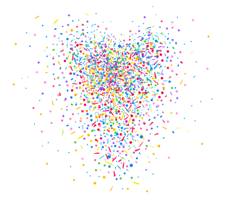 Heart from confetti on isolated white. Holiday colorful background from geometric elements. Festive pattern for banners, posters and flyers. Greeting cards. Doodle for design and businessのイラスト素材