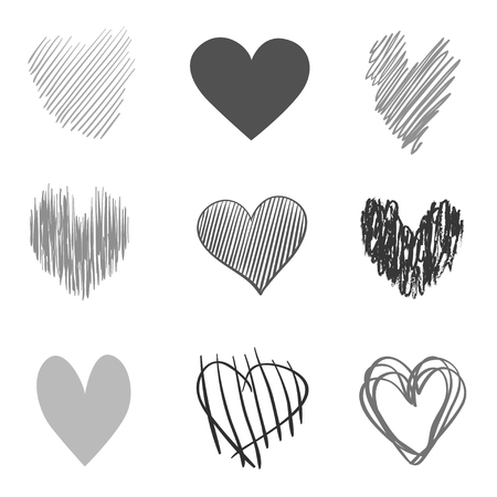 Hand drawn grunge hearts on isolated white background. Set of love signs. Unique image for design. Line art creation. Black and white illustration. Elements for poster or flyerのイラスト素材