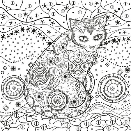 Abstract asian pattern with cat on isolated white. Zentangle. Hand drawn abstract patterns on isolation background. Design for spiritual relaxation for adults. Black and white illustrationのイラスト素材
