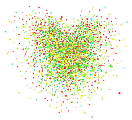 Heart from confetti on isolated white. Holiday colorful background from geometric elements. Pattern for banners, posters and textiles. Greeting cards. Doodle for design and businessのイラスト素材