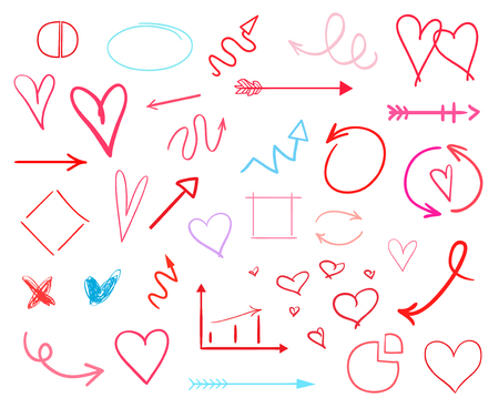 Infographic elements isolated on white. Set of different indicator signs. Tangled hand drawn simple objects. Line art. Abstract arrows and shapes. Symbols for workのイラスト素材