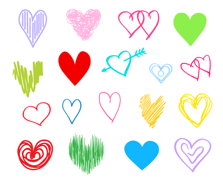 Multicolored trendy hearts on isolated white background. Hand drawn set of love signs. Unique abstract signs for design. Line art creation. Colored illustration. Elements for poster or flyerのイラスト素材