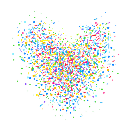 Heart from confetti on isolated white. Holiday colorful background from geometric elements. Festive pattern for banners, posters and flyers. Greeting cards. Doodle for design and businessのイラスト素材