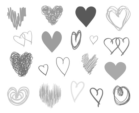 Grunge hearts on isolated white background. Set of love signs. Unique signs for design. Black and white illustration. Doodles for flyers, greeting cards and banners. Creative art sketchesのイラスト素材