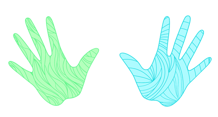 Hands on isolated white. Abstract patterns on isolation background. Design for spiritual relaxation for adults. Zen art. Doodles for banner, poster, t-shirt or textilesのイラスト素材