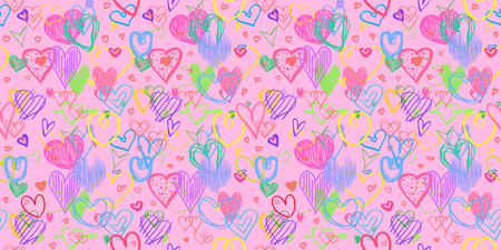 Hand drawn background with colored hearts. Seamless grungy wallpaper on surface. Abstract texture...