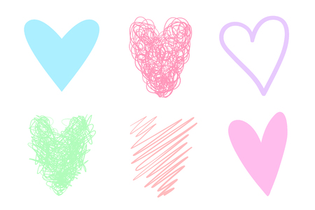 Colorful trendy hearts on isolated white background. Hand drawn set of love signs. Abstract image for design. Line art creation. Colored illustration. Sketchy elements for artworksのイラスト素材