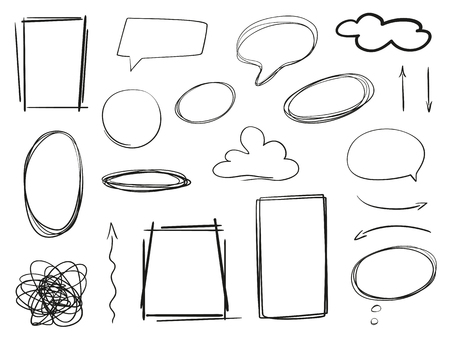 Infographic elements on isolation background. Hand drawn frames and arrows on white. Abstract frameworks. Line art. Set of different shapes. Black and white illustration. Doodles for artworkのイラスト素材