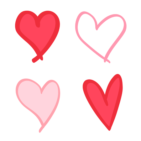 Colorful trendy hearts on isolated white background. Hand drawn set of love signs. Abstract image for design. Line art creation. Colored illustration. Sketchy elements for artworksのイラスト素材