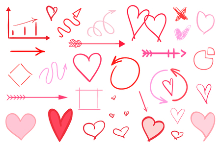 Colorful infographic elements isolated on white. Set of different indicator signs. Tangled hand drawn simple objects. Line art. Abstract colored arrows and shapes. Symbols for workのイラスト素材