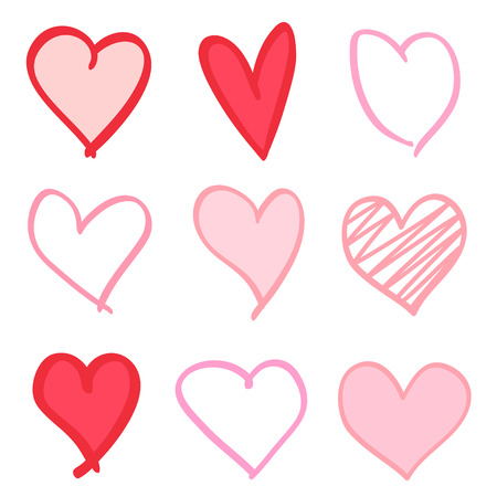 Multicolored trendy hearts on isolated white background. Hand drawn set of love signs. Unique abstract signs for design. Line art creation. Colored illustration. Elements for poster or flyerのイラスト素材