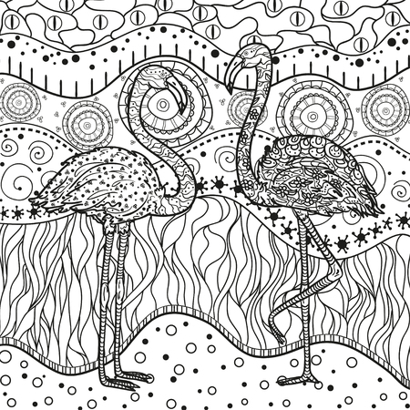Square pattern with flamingos on white. Ornate birds. Hand drawn foliage mandala on isolated background. Design for spiritual relaxation for adults. Black and white illustrationのイラスト素材