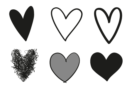 Hand drawn grunge hearts on isolated white background. Set of love signs. Unique image for design. Black and white illustration. Trendy elements for worksのイラスト素材