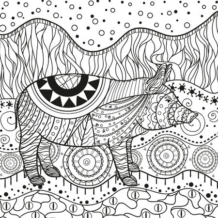 Ornate wallpaper with pig. Hand drawn waved ornaments on white. Abstract patterns on isolated background. Design for spiritual relaxation for adults. Line art. Black and white illustrationのイラスト素材