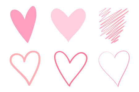 Colorful trendy hearts on isolated white background. Hand drawn set of love signs. Abstract image for design. Line art creation. Colored illustration. Sketchy elements for artworksのイラスト素材