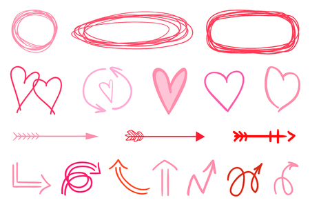 Colorful infographic elements isolated on white. Set of different indicator signs. Grungy hand drawn simple objects. Line art creation. Abstract colored arrows and shapes. Symbols for designのイラスト素材