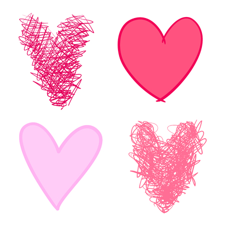 Colorful trendy hearts on isolated white background. Hand drawn set of love signs. Abstract image for design. Line art creation. Colored illustration. Sketchy elements for artworksのイラスト素材