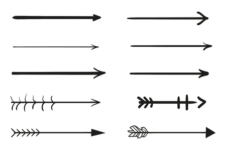 Infographic elements on isolation background. Collection of arrows on white. Highlighters for design. Hand drawn simple pointers. Line art. Set of different signs. Abstract symbols. Doodles for workのイラスト素材