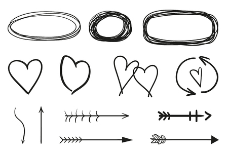 Infographic elements on isolation background. Hand drawn frames and arrows on white. Abstract frameworks. Line art. Set of different shapes. Black and white illustration. Doodles for designのイラスト素材