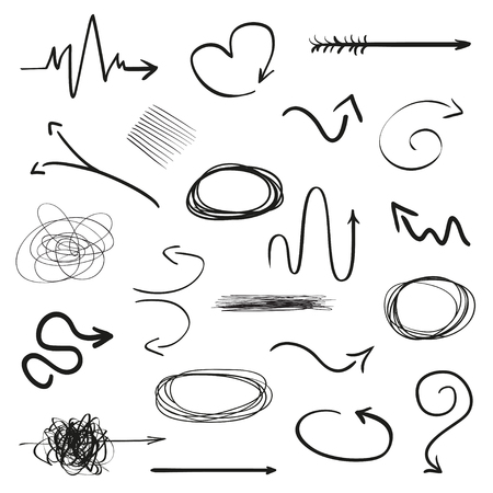 Infographic elements on isolation background. Hand drawn frames and arrows on white. Abstract frameworks. Line art. Set of different shapes. Black and white illustration. Doodles for artworkのイラスト素材