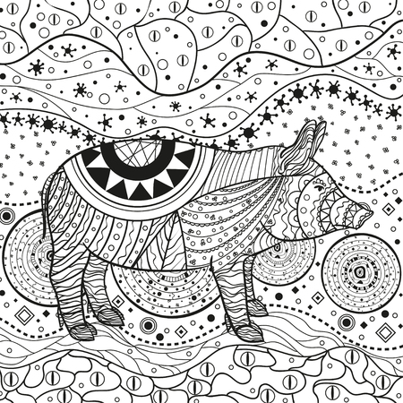 Abstract eastern pattern. Ornate square wallpaper with pig. Hand drawn waved ornaments on white. Intricate patterns on isolated background. Design for spiritual relaxation for adults. Line artのイラスト素材