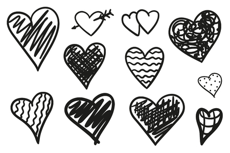 Hand drawn grunge hearts on isolated white background. Set of love signs. Unique image for design. Black and white illustration. Sketchy elements for designのイラスト素材