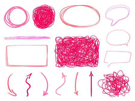 Hand drawn colored shapes on white. Abstract frameworks and arrows. Line art. Set of different signs. Colorful illustration. Doodles for artworkのイラスト素材