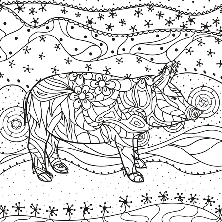 Abstract eastern pattern. Ornate square wallpaper with pig. Hand drawn waved ornaments on white. Intricate patterns on isolated background. Design for spiritual relaxation for adults. Line artのイラスト素材