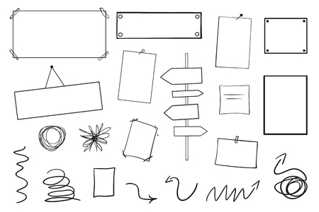 Infographic tables on isolated background. Sketchy elements. Hand drawn frames and arrows on white. Abstract frameworks. Line art. Set of different shapes. Black and white illustrationのイラスト素材