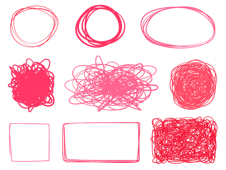 Hand drawn colored geometric shapes on white. Abstract tangled frameworks. Line art. Set of different signs. Colorful illustration. Sketchy doodles for artworkのイラスト素材