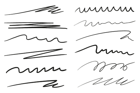 Infographic elements isolated on white. Set of different sketchy shapes and underlines elements. Array of lines. Stroke chaotic backdrops. Hand drawn patterns. Black and white illustrationのイラスト素材
