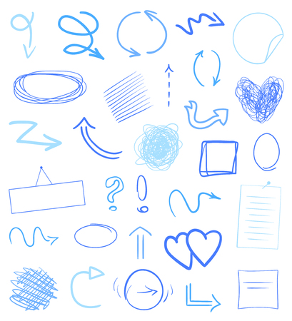 Colored infographic elements isolated on white. Set of sketchy indicator signs. Tangled hand drawn simple pointers. Line art. Abstract arrows. Geometric shapes for workのイラスト素材