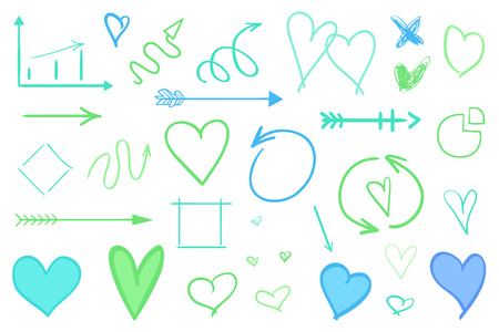 Hand drawn colored shapes on white. Abstract frameworks and arrows. Line art. Set of different signs. Colorful illustration. Doodles for artworkのイラスト素材