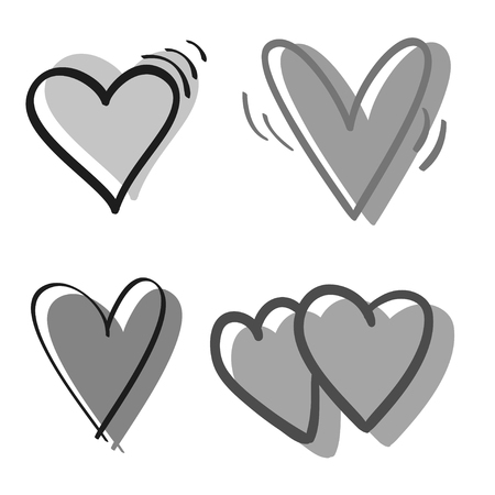 Hand drawn grunge hearts on isolated white background. Set of love signs. Unique image for design. Black and white illustration. Elements for designのイラスト素材