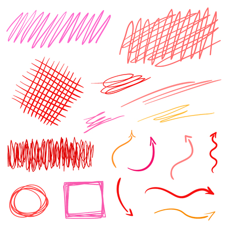 Hand drawn elements on isolated background. Lettering underlines on white. Colored backgrounds with array of lines. Stroke chaotic patterns. Colorful illustrationのイラスト素材