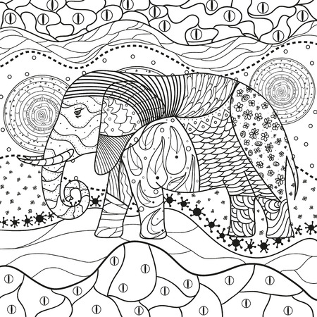 Abstract eastern pattern. Elephant on square mandala. Hand drawn animal with tribal patterns on isolation background. Design for spiritual relaxation for adults. Black and white illustrationのイラスト素材