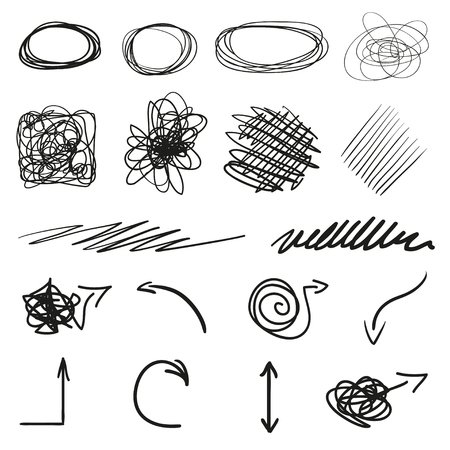 Infographic elements on isolated white background. Hand drawn tangled geometric shapes and arrows. Line art. Set of different pointers. Abstract indicators. Black and white illustrationのイラスト素材