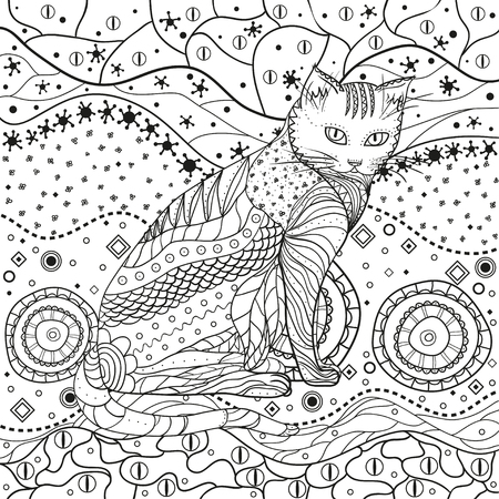 Abstract asian pattern with cat on isolated white. Hand drawn abstract patterns on isolation background. Design for spiritual relaxation for adults. Black and white illustrationのイラスト素材