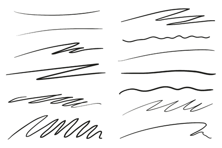 Hand drawn lettering underlines on white. Abstract backgrounds with array of lines. Stroke chaotic patterns. Black and white illustration. Sketchy elements for posters and flyersのイラスト素材