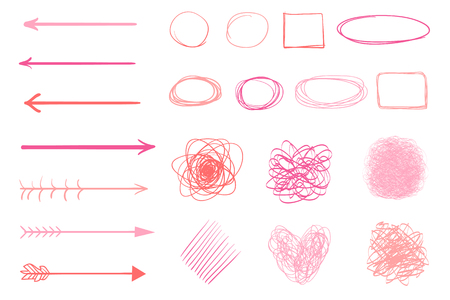 Hand drawn colored shapes on white. Abstract frameworks and arrows. Line art. Set of different signs. Doodles for artworkのイラスト素材