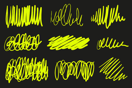 Array of lines on isolated black background. Abstract chaotic frames. Wavy backdrops. Hand drawn tangled patterns. Elements for designのイラスト素材