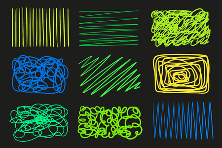 Array of lines on isolated black background. Abstract chaotic frames. Wavy backdrops. Hand drawn tangled patterns. Elements for designのイラスト素材