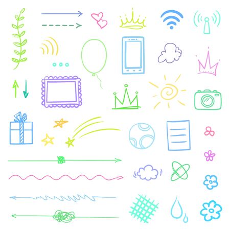 Infographic elements on isolated white background. Hand drawn multicolored shapes. Line art. Set of different signs. Colorful illustrationのイラスト素材
