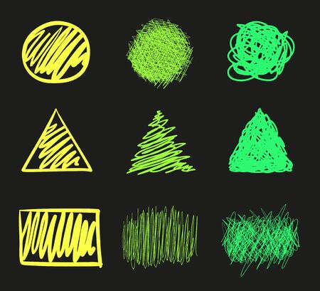 Hand drawn geometric shapes on isolated black background. Array of lines. Chaotic frames. Tangled patterns. Elements for your designのイラスト素材